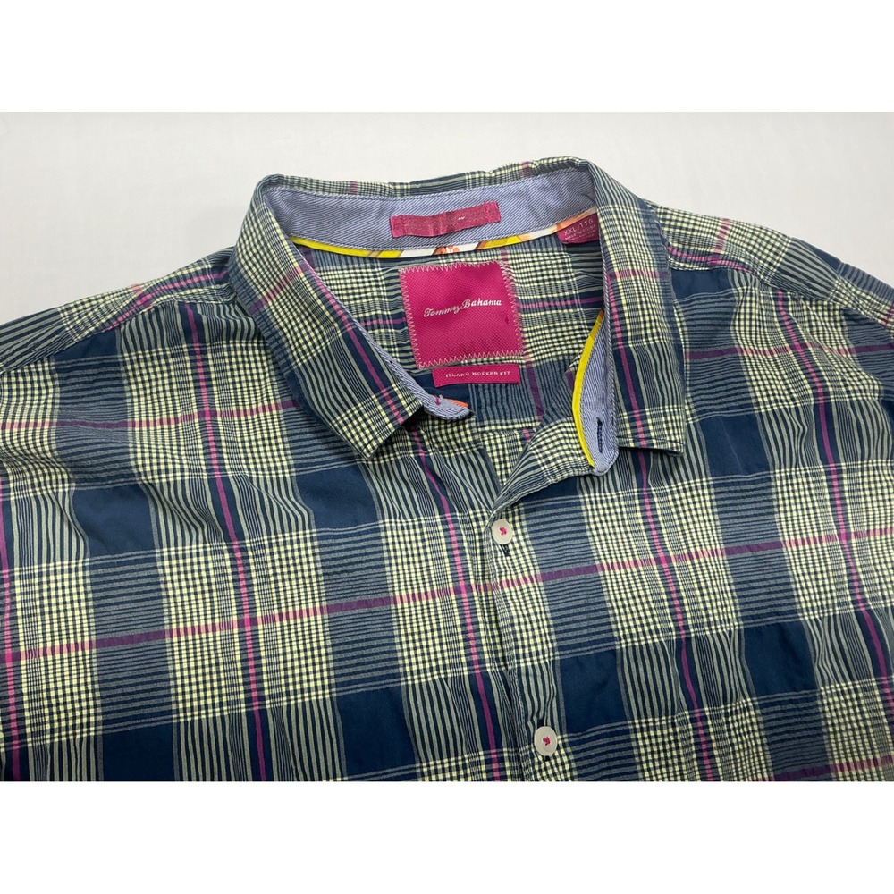 Tommy Bahama Plaid Long Sleeve Button Down Shirt Mens XXL Navy Yellow Pink